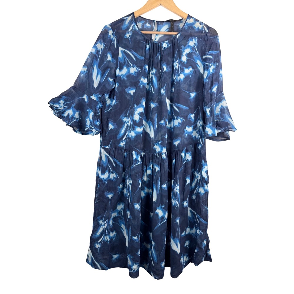 BCBGMAXAZRIA Silk Mini Dress sz L Blue Abstract Floral Ruffle Sleeve ethereal